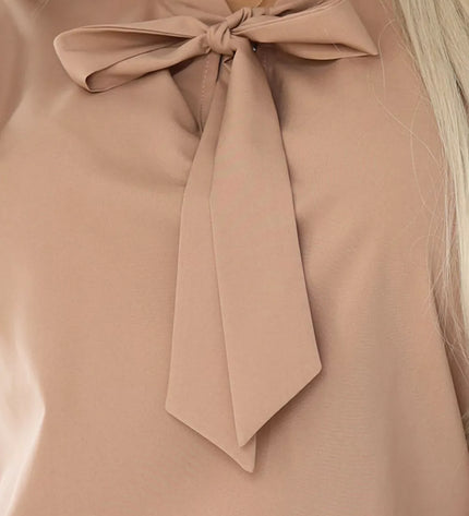 140-27 Elegantiška verslo palaidinė ilgomis rankovėmis su kaspinu – MOCHA MOUSSE