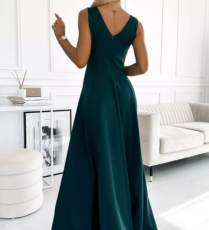 246-5 CINDY ilga elegantiška suknelė su iškirpte – ŽALIA