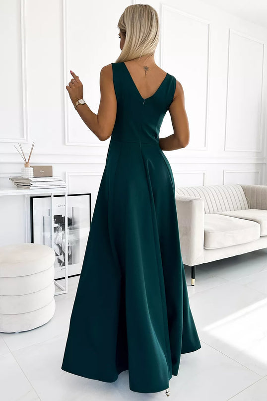 246-5 CINDY ilga elegantiška suknelė su iškirpte – ŽALIA