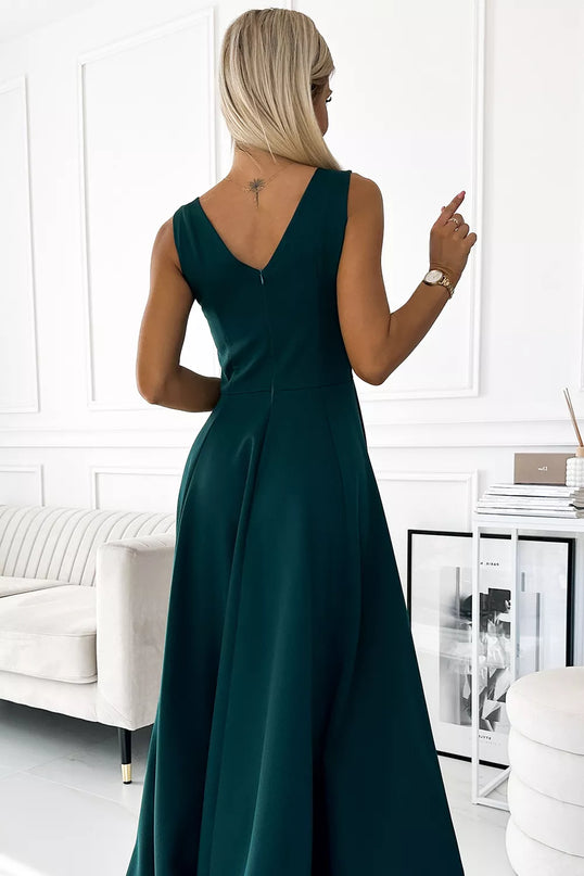 246-5 CINDY ilga elegantiška suknelė su iškirpte – ŽALIA