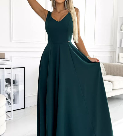 246-5 CINDY ilga elegantiška suknelė su iškirpte – ŽALIA