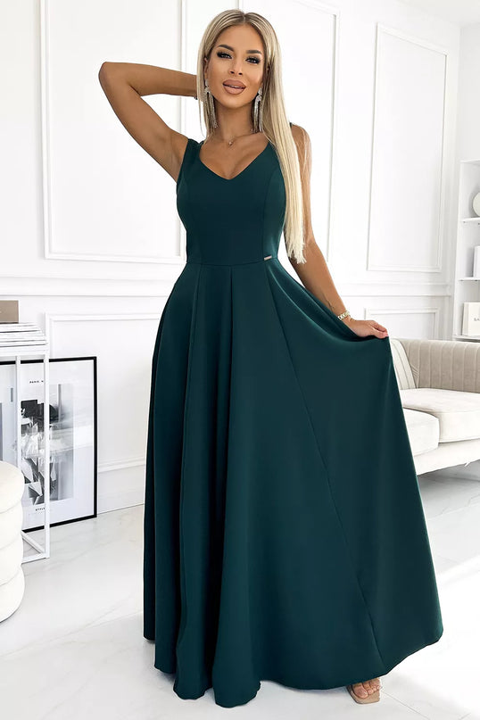 246-5 CINDY ilga elegantiška suknelė su iškirpte – ŽALIA