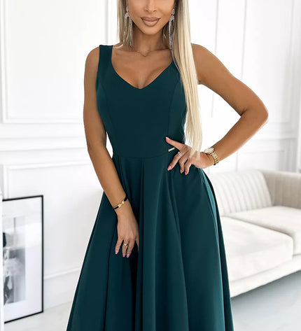 246-5 CINDY ilga elegantiška suknelė su iškirpte – ŽALIA