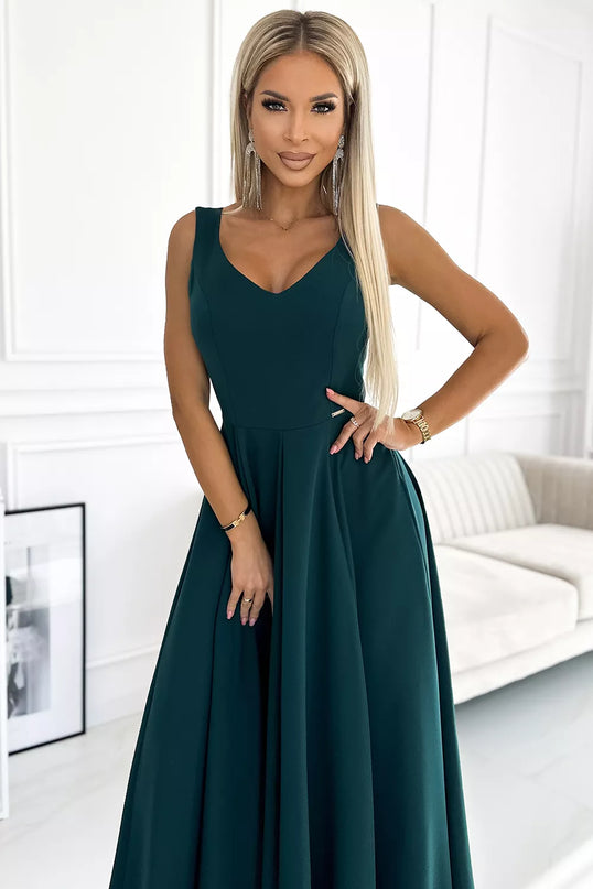 246-5 CINDY ilga elegantiška suknelė su iškirpte – ŽALIA