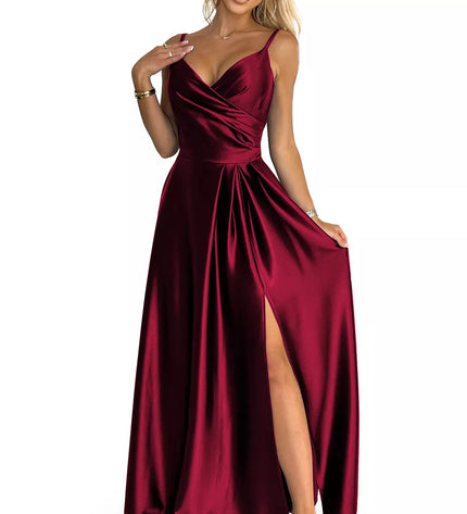 299-13 CHIARA elegantiška maksi ilgio atlasinė suknelė be petnešėlių – BORDO