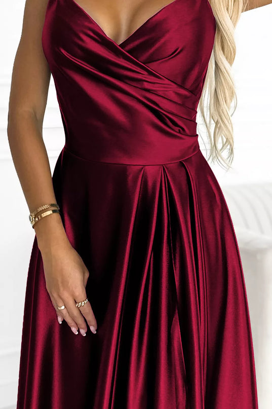 299-13 CHIARA elegantiška maksi ilgio atlasinė suknelė be petnešėlių – BORDO