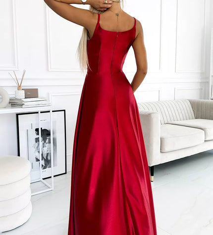 299-14 CHIARA elegantiška maksi ilgio satininė suknelė be petnešėlių – Raudona