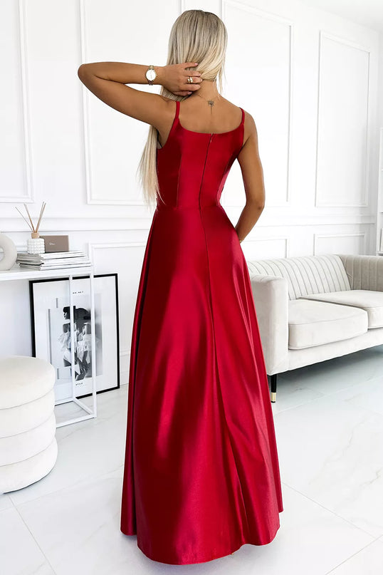 299-14 CHIARA elegantiška maksi ilgio satininė suknelė be petnešėlių – Raudona
