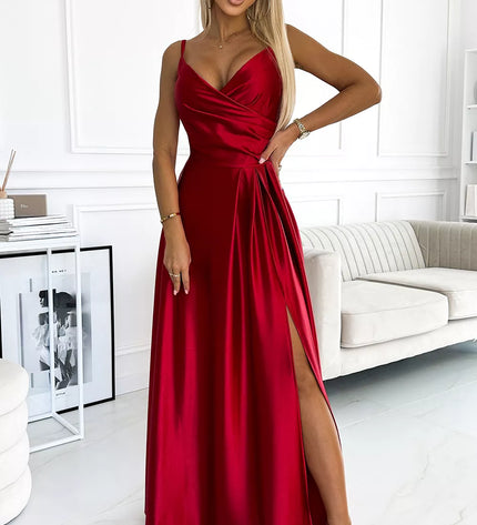 299-14 CHIARA elegantiška maksi ilgio satininė suknelė be petnešėlių – Raudona