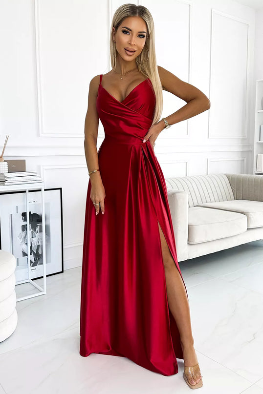 299-14 CHIARA elegantiška maksi ilgio satininė suknelė be petnešėlių – Raudona