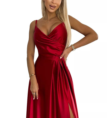 299-14 CHIARA elegantiška maksi ilgio satininė suknelė be petnešėlių – Raudona
