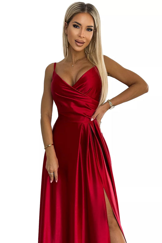 299-14 CHIARA elegantiška maksi ilgio satininė suknelė be petnešėlių – Raudona