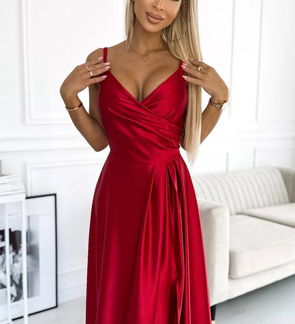 299-14 CHIARA elegantiška maksi ilgio satininė suknelė be petnešėlių – Raudona