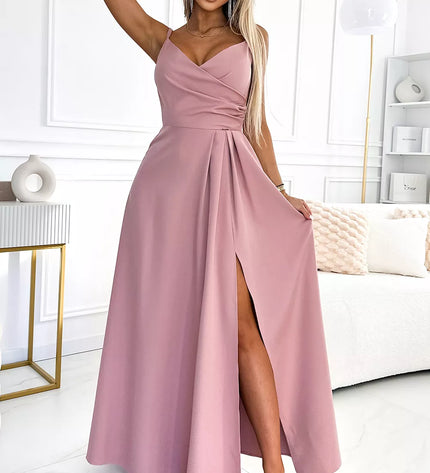 299-16 CHIARA elegantiška maxi suknelė be petnešėlių - PURVINA ROŽINĖ
