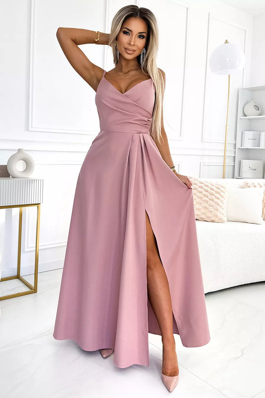 299-16 CHIARA elegantiška maxi suknelė be petnešėlių - PURVINA ROŽINĖ
