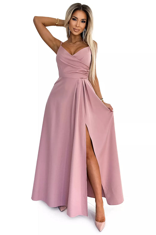 299-16 CHIARA elegantiška maxi suknelė be petnešėlių - PURVINA ROŽINĖ