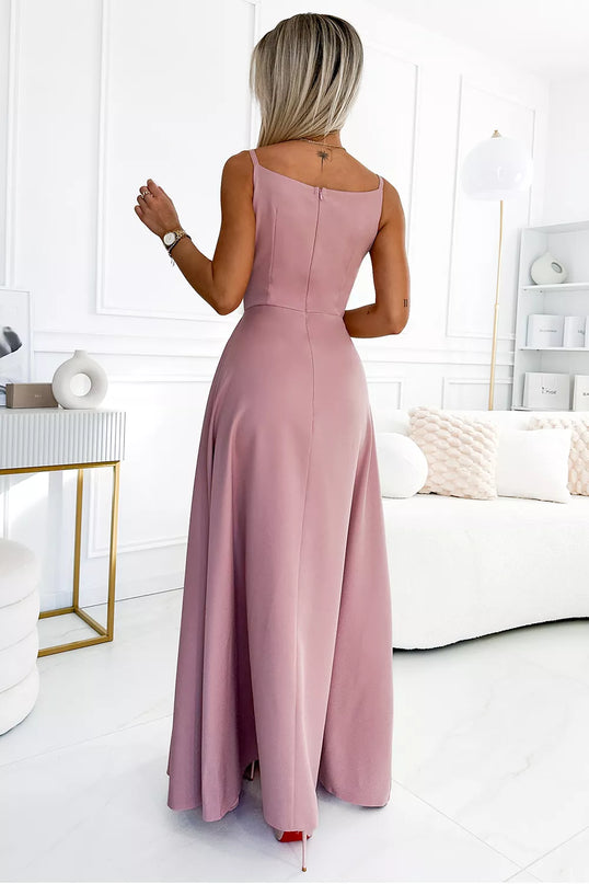 299-16 CHIARA elegantiška maxi suknelė be petnešėlių - PURVINA ROŽINĖ