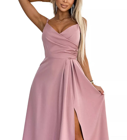 299-16 CHIARA elegantiška maxi suknelė be petnešėlių - PURVINA ROŽINĖ