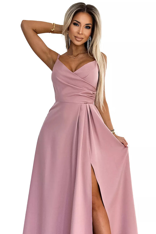 299-16 CHIARA elegantiška maxi suknelė be petnešėlių - PURVINA ROŽINĖ