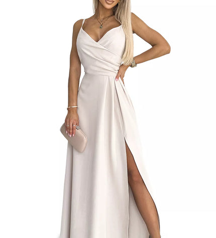 299-6 CHIARA elegantiška maxi suknelė be petnešėlių – SMĖLIO spalvos