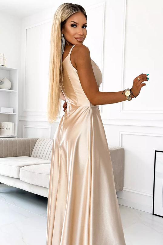 299-8 CHIARA elegantiška ilgą satininė maksi suknelė – AUKSINĖ