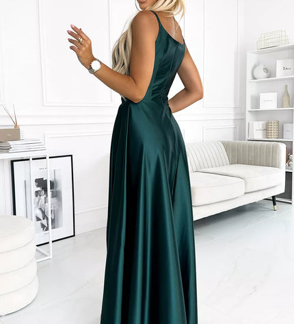 299-9 CHIARA elegantiška maxi ilga satininė suknelė - ŽALIA