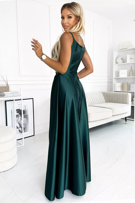 299-9 CHIARA elegantiška maxi ilga satininė suknelė - ŽALIA