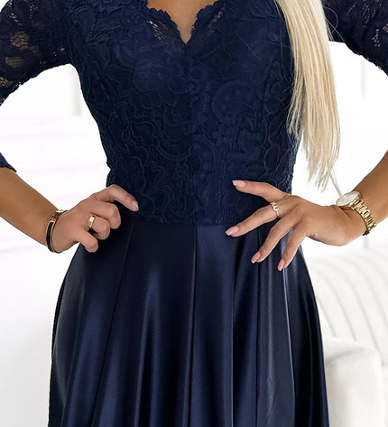 309-7 AMBER nėriniuota ilga SATINĖ suknelė su iškirpte - MĖLYNA