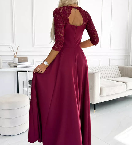309-9 AMBER elegantiška ilga maksi suknelė su nėrinių iškirpte – BORDO