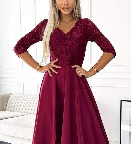309-9 AMBER elegantiška ilga maksi suknelė su nėrinių iškirpte – BORDO