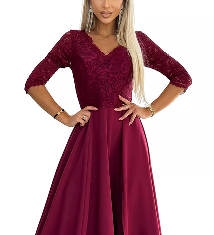 309-9 AMBER elegantiška ilga maksi suknelė su nėrinių iškirpte – BORDO