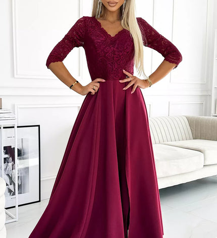 309-9 AMBER elegantiška ilga maksi suknelė su nėrinių iškirpte – BORDO