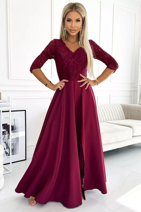 309-9 AMBER elegantiška ilga maksi suknelė su nėrinių iškirpte – BORDO
