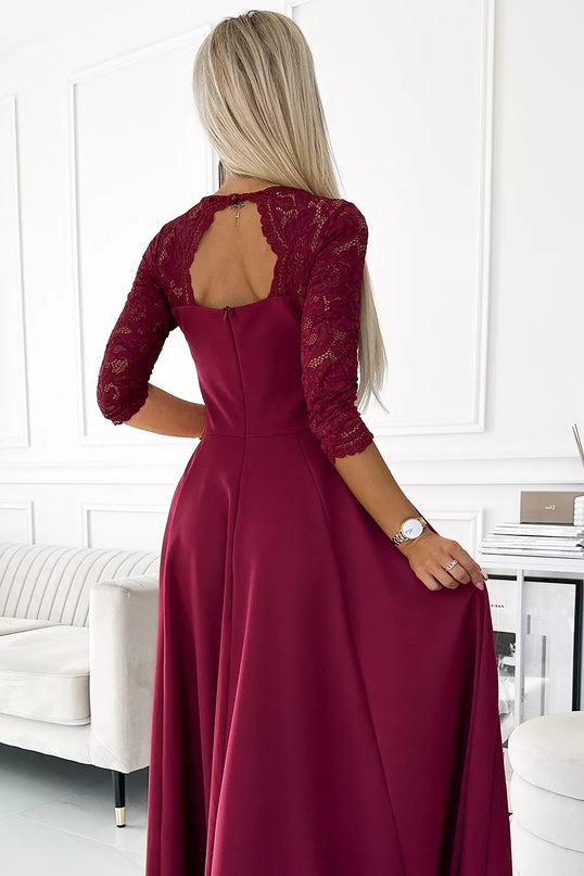 309-9 AMBER elegantiška ilga maksi suknelė su nėrinių iškirpte – BORDO