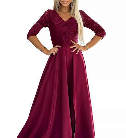 309-9 AMBER elegantiška ilga maksi suknelė su nėrinių iškirpte – BORDO