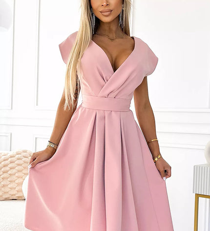 348-9 SCARLETT platėjanti suknelė su V formos iškirpte – PURVINA ROŽINĖ