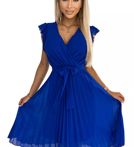 374-4 POLINA plisuota suknelė su iškirpte ir raukiniais – rugiagėlių mėlyna