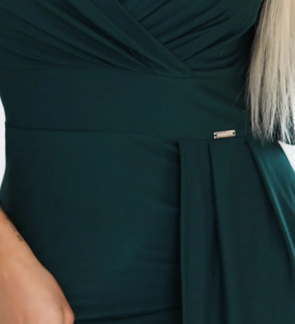 404-15 Elegantiška maksi suknelė su voko formos iškirpte ir skeltuku - butelio žalia