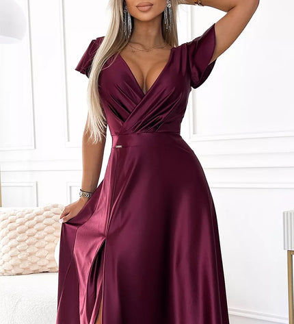 411-10 CRYSTAL satininė ilga suknelė su iškirpte – Bordo spalva