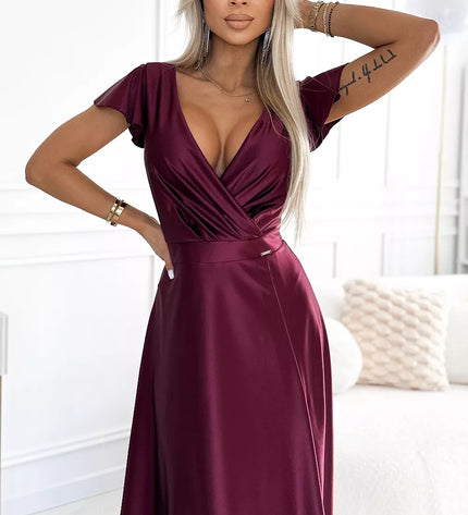 411-10 CRYSTAL satininė ilga suknelė su iškirpte – Bordo spalva