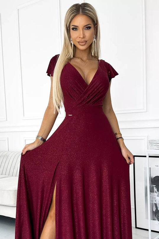 411-8 CRYSTAL blizganti ilga suknelė su iškirpte – BORDO