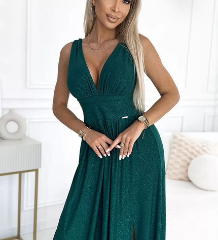 490-3 SUSAN ilga brokatinė suknelė su iškirpte ir siūlėmis ties juosmeniu – žalia