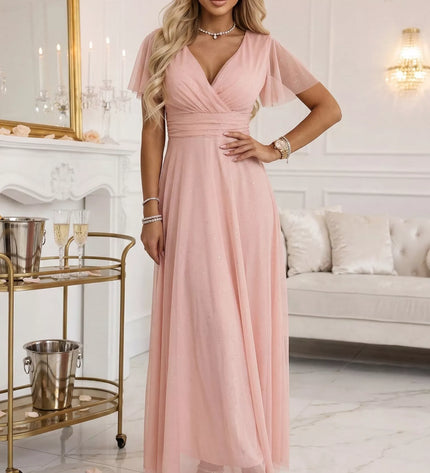 635-7 MELANIA Ilga blizgi suknelė su iškirpte ir trumpomis rankovėmis - persikų spalvos