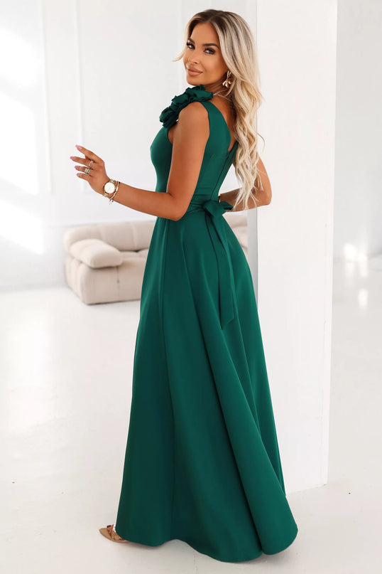 643-1 Elegantiška vakarinė maxi suknelė su skeltuku ir rožėmis – sodri žalia