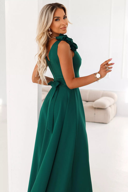 643-1 Elegantiška vakarinė maxi suknelė su skeltuku ir rožėmis – sodri žalia
