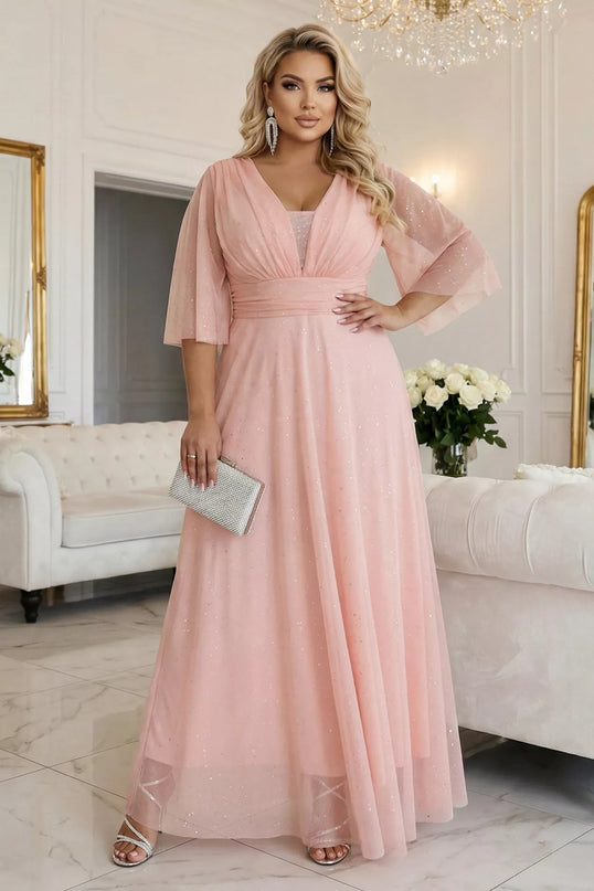 654-4 Ilga blizganti plus size suknelė su iškirpte ir skaidriomis rankovėmis - persiko spalvos