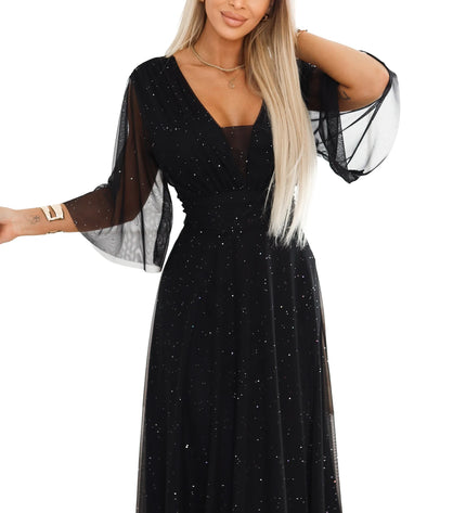 654-5 Ilga blizganti plus size suknelė su iškirpte ir permatomomis rankovėmis - juoda