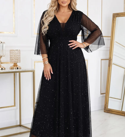 654-5 Ilga blizganti plus size suknelė su iškirpte ir permatomomis rankovėmis - juoda