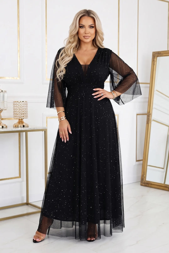 654-5 Ilga blizganti plus size suknelė su iškirpte ir permatomomis rankovėmis - juoda
