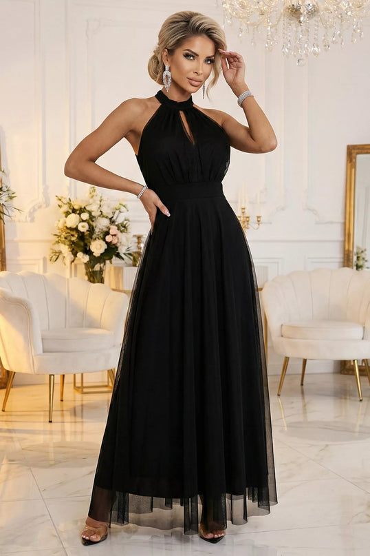662-2 Elegantiška vakarinė maksi halter suknelė su tiuliu ir surišimu ties liemeniu – juoda